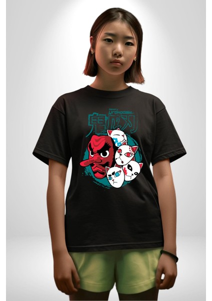 Demon Slayer Urokodaki Maskeler Anime Kadın Erkek Ön Baskılı Siyah Pamuklu Tişört Penye Klasik fırsatları