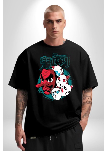 Demon Slayer Urokodaki Maskeler Anime Kadın Erkek Ön Baskılı Siyah Pamuklu Tişört Penye Klasik indirimleri