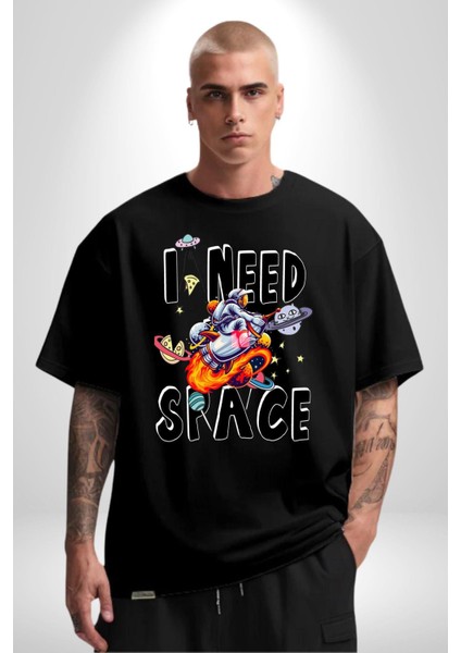 Bana Uzay Lazım Astronot Gezegenler Kadın Erkek Ön Baskılı Siyah Pamuklu Tişört Penye Klasik