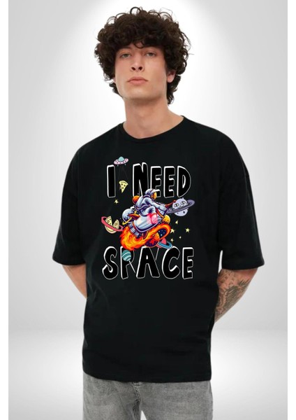 Bana Uzay Lazım Astronot Gezegenler Kadın Erkek Ön Baskılı Siyah Pamuklu Tişört Penye Klasik fiyatları