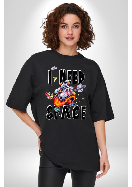 Bana Uzay Lazım Astronot Gezegenler Kadın Erkek Ön Baskılı Siyah Pamuklu Tişört Penye Klasik modelleri