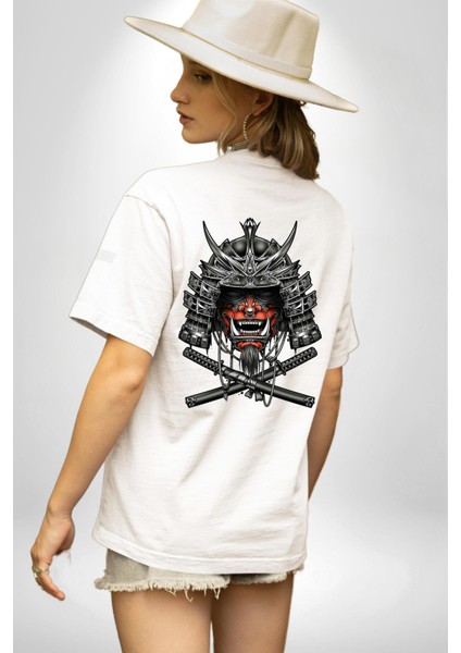 Japon Samuray Katana Savaşçı Kadın Erkek Ön Minimal Sırt Baskılı Beyaz Pamuklu Tişört fiyatları