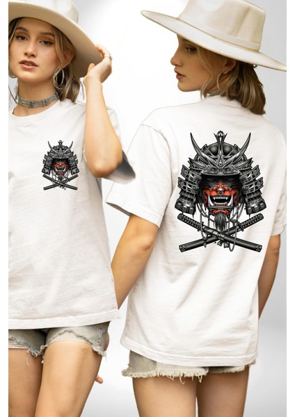 Japon Samuray Katana Savaşçı Kadın Erkek Ön Minimal Sırt Baskılı Beyaz Pamuklu Tişört fırsatları