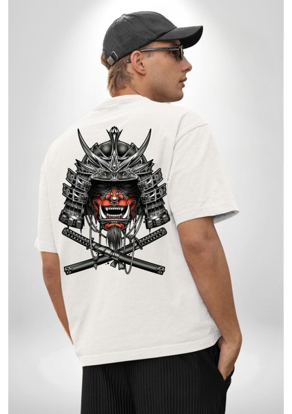 Japon Samuray Katana Savaşçı Kadın Erkek Ön Minimal Sırt Baskılı Beyaz Pamuklu Tişört indirimleri