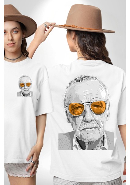 Stan Lee Founder Kadın Erkek Ön Minimal Sırt Baskılı Beyaz Pamuklu Tişört