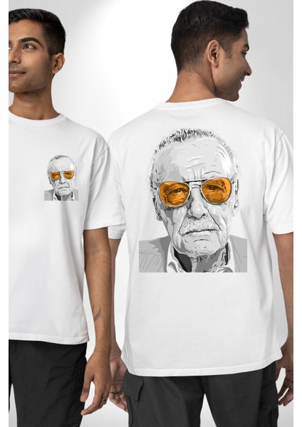 Stan Lee Founder Kadın Erkek Ön Minimal Sırt Baskılı Beyaz Pamuklu Tişört fırsatları