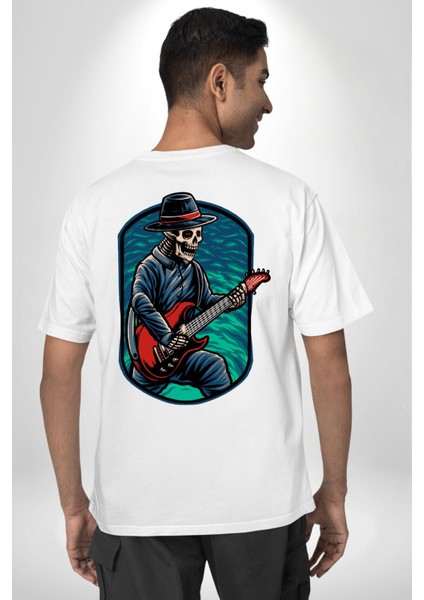 Gitarist Kurukafa Şapkalı Havalı Kadın Erkek Ön Minimal Sırt Baskılı Beyaz Pamuklu Tişört fiyatları