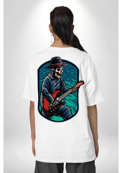 Gitarist Kurukafa Şapkalı Havalı Kadın Erkek Ön Minimal Sırt Baskılı Beyaz Pamuklu Tişört indirimleri
