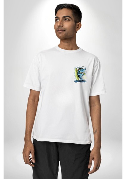 Tatil Yapan Köpekbalığı Sörfçü Kadın Erkek Ön Minimal Sırt Baskılı Beyaz Pamuklu Tişört modelleri