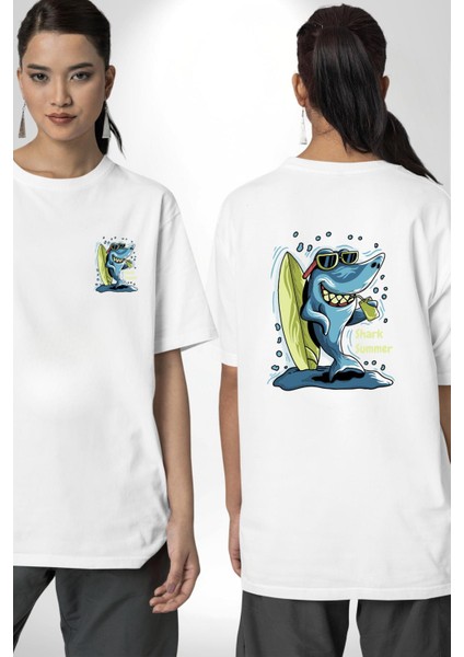 Tatil Yapan Köpekbalığı Sörfçü Kadın Erkek Ön Minimal Sırt Baskılı Beyaz Pamuklu Tişört fırsatları