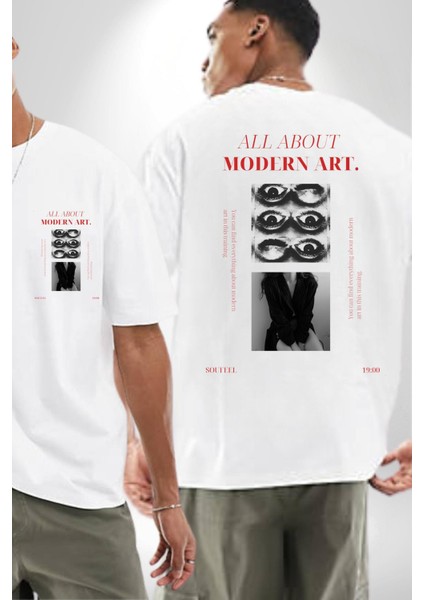 Modern Sanat Hakkında Her Şey Kadın Erkek Ön Minimal Sırt Baskılı Beyaz Pamuklu Tişört