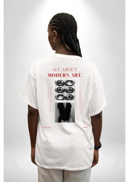 Modern Sanat Hakkında Her Şey Kadın Erkek Ön Minimal Sırt Baskılı Beyaz Pamuklu Tişört fiyatları