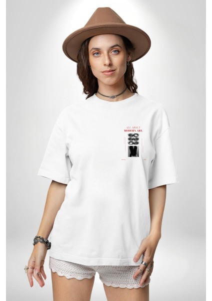 Modern Sanat Hakkında Her Şey Kadın Erkek Ön Minimal Sırt Baskılı Beyaz Pamuklu Tişört modelleri
