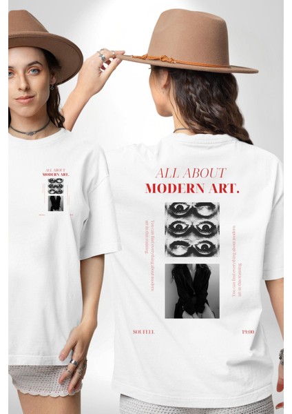 Modern Sanat Hakkında Her Şey Kadın Erkek Ön Minimal Sırt Baskılı Beyaz Pamuklu Tişört fırsatları