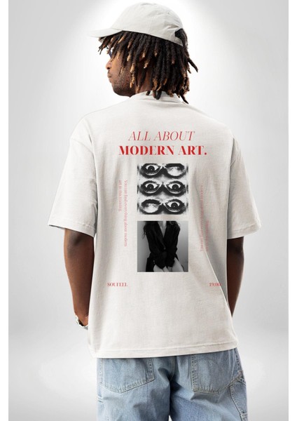 Modern Sanat Hakkında Her Şey Kadın Erkek Ön Minimal Sırt Baskılı Beyaz Pamuklu Tişört indirimleri