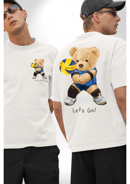 Voleybolcu Oyuncak Ayı Kadın Erkek Ön Minimal Sırt Baskılı Beyaz Pamuklu Tişört