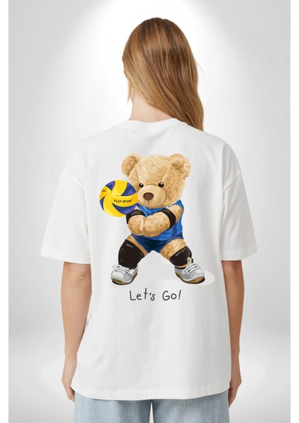 Voleybolcu Oyuncak Ayı Kadın Erkek Ön Minimal Sırt Baskılı Beyaz Pamuklu Tişört fiyatları