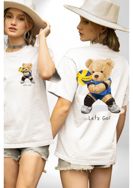 Voleybolcu Oyuncak Ayı Kadın Erkek Ön Minimal Sırt Baskılı Beyaz Pamuklu Tişört fırsatları