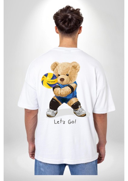 Voleybolcu Oyuncak Ayı Kadın Erkek Ön Minimal Sırt Baskılı Beyaz Pamuklu Tişört indirimleri