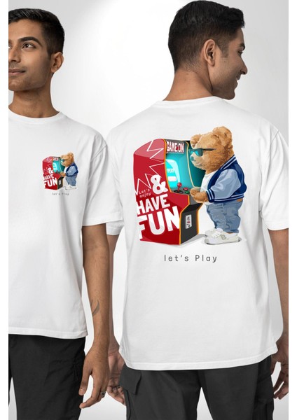 Oyun Oynayan Tatlı Oyuncak Ayı Kadın Erkek Ön Minimal Sırt Baskılı Beyaz Pamuklu Tişört