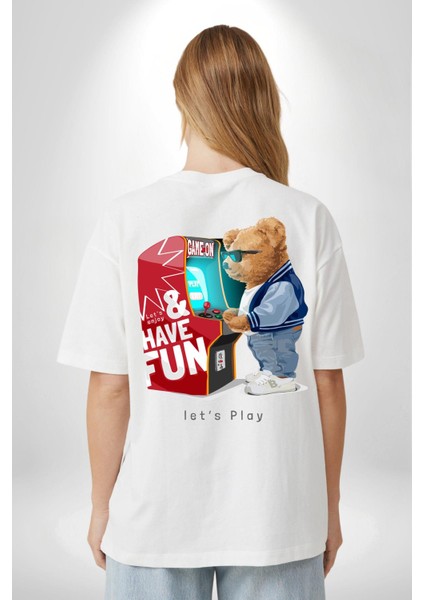 Oyun Oynayan Tatlı Oyuncak Ayı Kadın Erkek Ön Minimal Sırt Baskılı Beyaz Pamuklu Tişört fiyatları