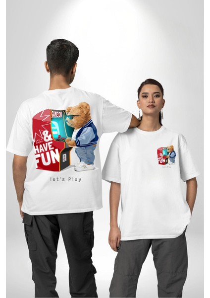 Oyun Oynayan Tatlı Oyuncak Ayı Kadın Erkek Ön Minimal Sırt Baskılı Beyaz Pamuklu Tişört fırsatları