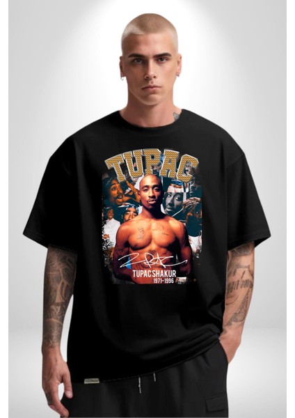 Tupac Shakur Rap Efsanesi Imza Kadın Erkek Ön Baskılı Siyah Pamuklu Tişört Penye Klasik