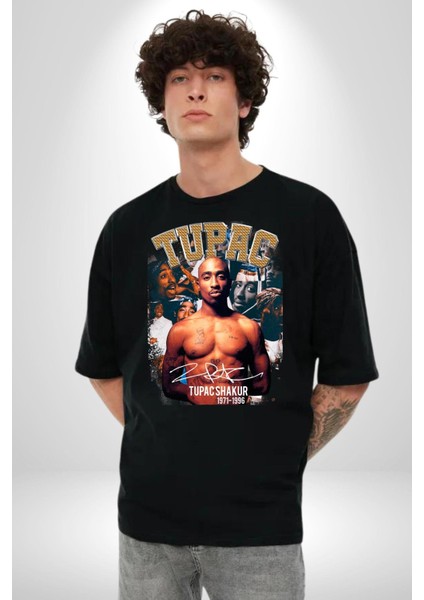 Tupac Shakur Rap Efsanesi Imza Kadın Erkek Ön Baskılı Siyah Pamuklu Tişört Penye Klasik modelleri