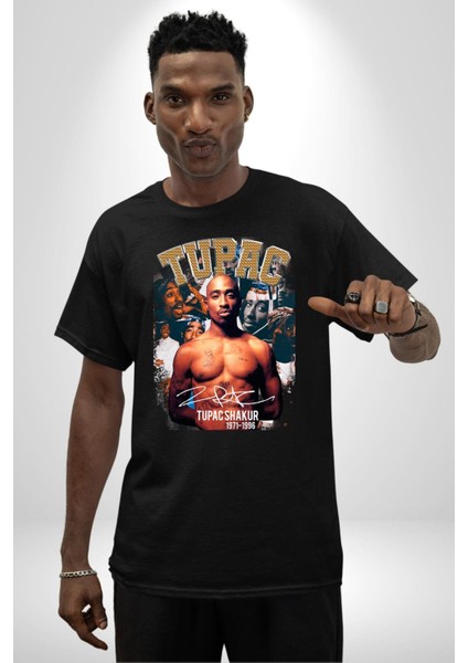 Tupac Shakur Rap Efsanesi Imza Kadın Erkek Ön Baskılı Siyah Pamuklu Tişört Penye Klasik fırsatları