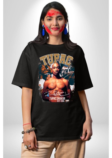 Tupac Shakur Rap Efsanesi Imza Kadın Erkek Ön Baskılı Siyah Pamuklu Tişört Penye Klasik indirimleri