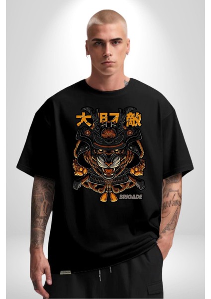 Kaplan Samuray Savaşçı Kadın Erkek Ön Baskılı Siyah Pamuklu Tişört Penye Klasik