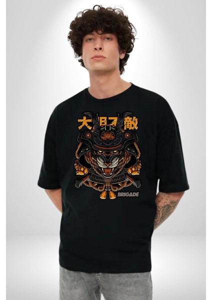 Kaplan Samuray Savaşçı Kadın Erkek Ön Baskılı Siyah Pamuklu Tişört Penye Klasik modelleri