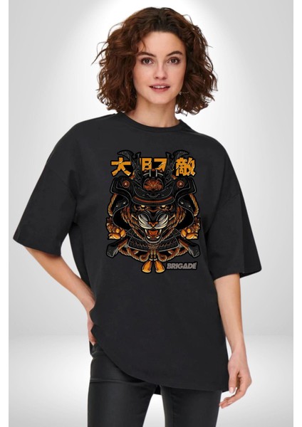 Kaplan Samuray Savaşçı Kadın Erkek Ön Baskılı Siyah Pamuklu Tişört Penye Klasik indirimleri