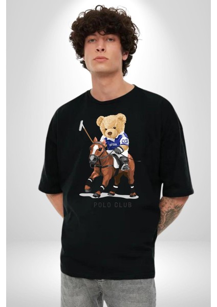 Jokey Tatlı Oyuncak Ayı Polo Kadın Erkek Ön Baskılı Siyah Pamuklu Tişört Penye Klasik modelleri