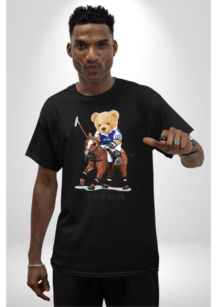 Jokey Tatlı Oyuncak Ayı Polo Kadın Erkek Ön Baskılı Siyah Pamuklu Tişört Penye Klasik indirimleri