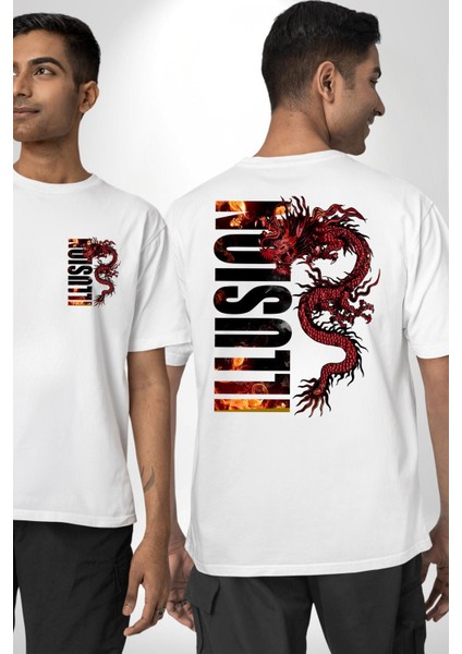 Ejderha Ilüzyon Yazısı Kadın Erkek Ön Minimal Sırt Baskılı Beyaz Pamuklu Tişört