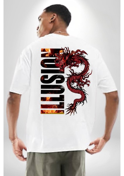 Ejderha Ilüzyon Yazısı Kadın Erkek Ön Minimal Sırt Baskılı Beyaz Pamuklu Tişört fiyatları