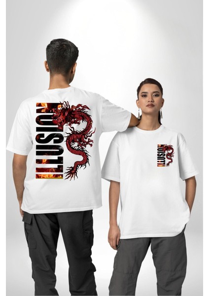 Ejderha Ilüzyon Yazısı Kadın Erkek Ön Minimal Sırt Baskılı Beyaz Pamuklu Tişört fırsatları
