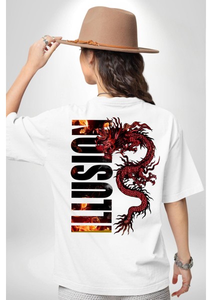 Ejderha Ilüzyon Yazısı Kadın Erkek Ön Minimal Sırt Baskılı Beyaz Pamuklu Tişört indirimleri
