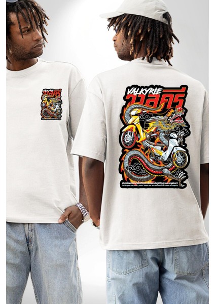 Motorcu Çetesi Çin Ejderhası Kadın Erkek Ön Minimal Sırt Baskılı Beyaz Pamuklu Tişört