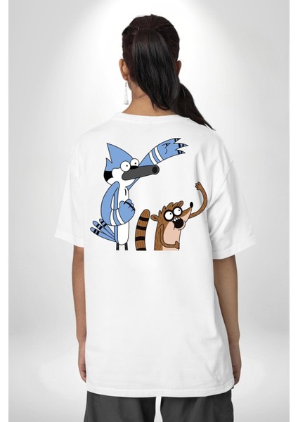 Sürekli Dizi Mordecai ve Rigby Kadın Erkek Ön Minimal Sırt Baskılı Beyaz Pamuklu Tişört fiyatları