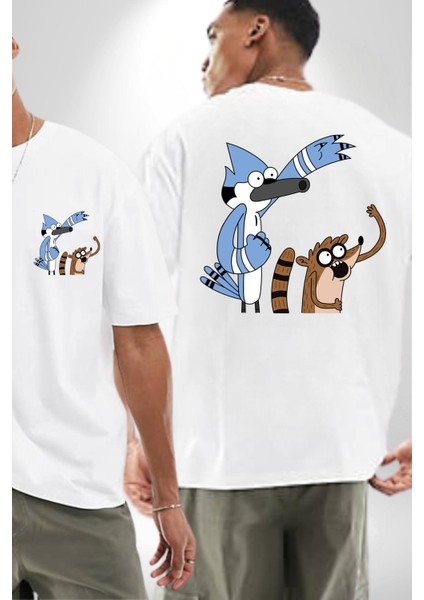 Sürekli Dizi Mordecai ve Rigby Kadın Erkek Ön Minimal Sırt Baskılı Beyaz Pamuklu Tişört fırsatları