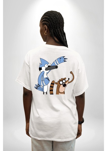 Sürekli Dizi Mordecai ve Rigby Kadın Erkek Ön Minimal Sırt Baskılı Beyaz Pamuklu Tişört indirimleri