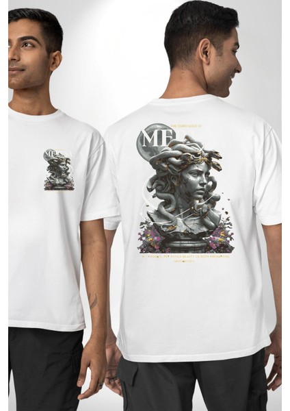 Yunan Mitolojisi Taşa Çeviren Medusa Kadın Erkek Ön Minimal Sırt Baskılı Beyaz Pamuklu Tişört