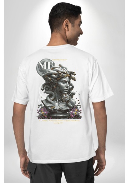 Yunan Mitolojisi Taşa Çeviren Medusa Kadın Erkek Ön Minimal Sırt Baskılı Beyaz Pamuklu Tişört fiyatları