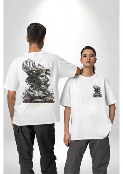 Yunan Mitolojisi Taşa Çeviren Medusa Kadın Erkek Ön Minimal Sırt Baskılı Beyaz Pamuklu Tişört fırsatları