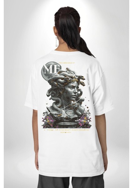 Yunan Mitolojisi Taşa Çeviren Medusa Kadın Erkek Ön Minimal Sırt Baskılı Beyaz Pamuklu Tişört indirimleri
