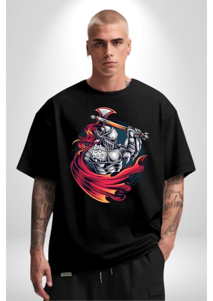 Orta Çağ Baltalı Gladyatör Savaşçı Kadın Erkek Ön Baskılı Siyah Pamuklu Tişört Penye Klasik