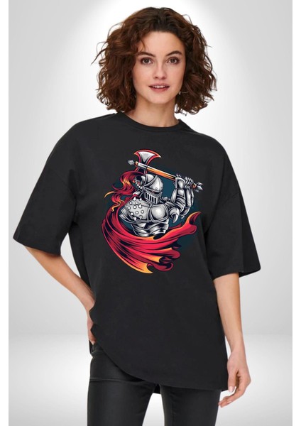 Orta Çağ Baltalı Gladyatör Savaşçı Kadın Erkek Ön Baskılı Siyah Pamuklu Tişört Penye Klasik fiyatları