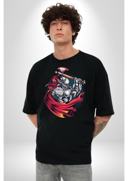 Orta Çağ Baltalı Gladyatör Savaşçı Kadın Erkek Ön Baskılı Siyah Pamuklu Tişört Penye Klasik modelleri